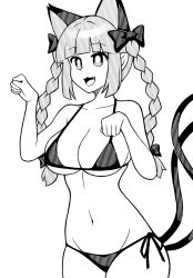 Rule 34 | 1girl, :d, animal ears, bikini, blunt bangs, bow, braid, breasts, bright pupils, cat ears, cat tail, cleavage, clenched hands, commentary, cowboy shot, extra ears, fang, greyscale, hair bow, high contrast, kaenbyou rin, large breasts, long hair, monochrome, multiple tails, onkn sxkn, open mouth, side-tie bikini bottom, side braids, sidelocks, simple background, smile, solo, standing, swimsuit, tail, touhou, twin braids, two tails