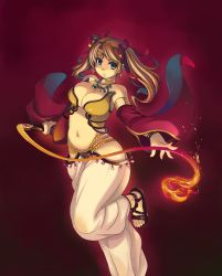 Rule 34 | 1girl, breasts, brown hair, cleavage, detached sleeves, fire, gypsy (ragnarok online), harem pants, large breasts, midriff, mil (xration), navel, pants, ragnarok online, ribbon, sandals, solo, twintails, whip