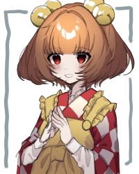 Rule 34 | 1girl, absurdres, apron, bell, blunt bangs, checkered clothes, checkered kimono, commentary, frills, hair bell, hair ornament, highres, japanese clothes, kimono, long sleeves, motoori kosuzu, one-hour drawing challenge, orange hair, red eyes, sabapi oo, short hair, solo, touhou, upper body, yellow apron