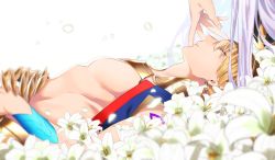 Rule 34 | 1boy, arabian clothes, blonde hair, closed eyes, earrings, fate/grand order, fate (series), field, flower, flower field, gilgamesh, gilgamesh (caster) (fate), gilgamesh (fate), highres, jewelry, lily (flower), long hair, male focus, merlin (fate), open clothes, out of frame, purple hair, short hair, sleeping, yanase seno