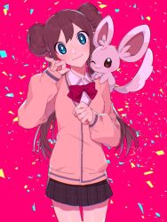 Rule 34 | 1girl, alternate costume, blue eyes, bow, bowtie, brown hair, brown skirt, buttons, cardigan, closed mouth, collared shirt, commentary, confetti, cowboy shot, creatures (company), double bun, game freak, gen 5 pokemon, hair bun, hand up, head tilt, highres, long hair, long sleeves, looking at viewer, minccino, nintendo, on shoulder, orange cardigan, pink background, plaid, plaid skirt, pokemon, pokemon (creature), pokemon bw2, pokemon on shoulder, red bow, red bowtie, rosa (pokemon), shirt, shuri (riri shu), skirt, sleeves past wrists, smile, symbol-only commentary, twintails, white shirt