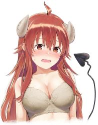 Rule 34 | 1girl, ahoge, bare shoulders, blush, bra, breasts, cleavage, collarbone, commentary request, demon girl, demon horns, demon tail, fang, grey bra, horns, long hair, looking at viewer, machikado mazoku, medium breasts, mikazuchi zeus, nose blush, red eyes, red hair, sidelocks, simple background, skin fang, solo, sweat, tail, underwear, underwear only, upper body, white background, yoshida yuuko (machikado mazoku)