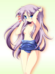 Rule 34 | 00s, 1girl, adjusting hair, arms up, blue eyes, blush, breasts, censored, clothes pull, convenient censoring, hair censor, hair over breasts, hiiragi kagami, ka2, long hair, lucky star, nipples, one-piece swimsuit, one-piece swimsuit pull, purple hair, school swimsuit, small breasts, solo, standing, swimsuit, topless, twintails, undressing