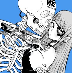 Rule 34 | blue background, breasts, cable, dragon tattoo, ear piercing, eyepatch, highres, large breasts, mukuro, piercing, simple background, skeleton, skull, tattoo