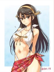 Rule 34 | 10s, 1girl, abo (hechouchou), adapted costume, black hair, breasts, gradient background, hair ornament, hairband, hairclip, haruna (kancolle), kantai collection, long hair, sarong, slingshot swimsuit, solo, swimsuit