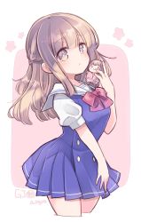 Rule 34 | 1girl, artist name, aruya (flosrota), blue dress, bow, breasts, brown eyes, brown hair, character doll, character request, closed mouth, dress, gj-bu, hand up, highres, long hair, looking at viewer, pink background, pleated dress, puffy short sleeves, puffy sleeves, red bow, sailor collar, school uniform, shirt, short sleeves, signature, sleeveless, sleeveless dress, small breasts, solo, two-tone background, white background, white sailor collar, white shirt