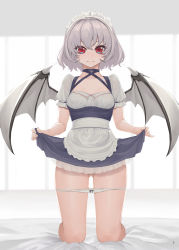 Rule 34 | 1girl, absurdres, alternate costume, apron, blue dress, blush, breasts, clothes lift, commentary request, cover, demon wings, dress, dress lift, enmaided, frilled dress, frills, gluteal fold, highres, indoors, lifted by self, looking at viewer, maid, maid headdress, pussy juice, pussy juice trail, red eyes, remilia scarlet, see-through, short hair, silver hair, skirt, skirt lift, slit pupils, small breasts, smile, solo, sudako (dai011305), thighs, touhou, waist apron, white apron, wings