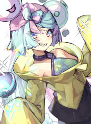 Rule 34 | 1girl, asymmetrical bangs, bare shoulders, blush, bow-shaped hair, creatures (company), game freak, grin, iono (pokemon), long hair, long sleeves, looking at viewer, low-tied long hair, multicolored hair, nintendo, pokemon, pokemon sv, sharp teeth, simple background, sleeves past fingers, sleeves past wrists, smile, teeth, two-tone hair, very long hair, white background, yoruhachi