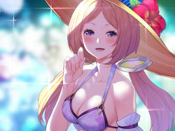 Rule 34 | 1girl, aki rosenthal, armband, bare shoulders, bikini, blonde hair, blush, bob cut, breasts, cleavage, detached hair, eyelashes, fingernails, halterneck, hololive, looking at viewer, low twintails, medium breasts, mikan (chipstar182), open mouth, parted bangs, purple bikini, purple eyes, raised eyebrows, short hair, smile, solo, summer, swimsuit, teeth, twintails, upper body, virtual youtuber