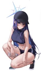 Rule 34 | 1girl, 1yu x, 3:, absurdres, alternate costume, bare arms, bare legs, bare shoulders, baseball cap, bike shorts, black footwear, black hat, black shirt, black shorts, blue archive, blue eyes, blue hair, bottle, closed mouth, colored inner hair, crop top, halo, hat, highres, holding, legs, long hair, looking at viewer, midriff, multicolored hair, navel, saori (blue archive), shirt, shoes, short shorts, shorts, simple background, sleeveless, sleeveless shirt, solo, squatting, stomach, sweatdrop, taut clothes, taut shirt, thighs, very long hair, water bottle, white background
