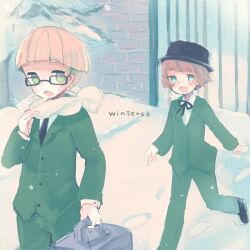 Rule 34 | 2boys, bag, black hat, black necktie, black ribbon, blonde hair, bowl cut, breath, brown hair, gate, glasses, green jacket, green pants, hat, holding, holding bag, jacket, jeff andonuts, karunabaru, location name, long sleeves, looking at another, male focus, mother (game), mother 2, multiple boys, necktie, nintendo, open mouth, pants, ribbon, scarf, short hair, snow, tony (mother 2), walking, white scarf, winter