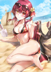 Rule 34 | 1girl, alternate costume, ass, bare shoulders, barefoot, beach, black coat, blush, breasts, cleavage, coat, day, eyewear on head, hair ribbon, heterochromia, himonoata, holding, holding clothes, holding coat, hololive, houshou marine, large breasts, long hair, looking at viewer, lying, on side, outdoors, red eyes, red hair, red ribbon, ribbon, smile, solo, sunglasses, thighs, twintails, virtual youtuber, yellow eyes