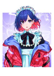 Rule 34 | 1girl, alternate costume, apron, black bow, black bowtie, blue eyes, blue hair, blue jacket, border, bow, bowtie, character name, collared dress, colored inner hair, diamond earrings, dress, earrings, enmaided, floating hair, frilled apron, frills, highres, jacket, jacket partially removed, jewelry, juliet sleeves, kamitsubaki studio, long sleeves, looking at viewer, maid, maid apron, maid headdress, multicolored clothes, multicolored eyes, multicolored hair, multicolored jacket, open clothes, open jacket, open mouth, outside border, puffy sleeves, red eyes, red hair, red jacket, rim (kamitsubaki studio), short hair, solo, swept bangs, swirl, toki (asunan6618), two-tone jacket, upper body, virtual youtuber, white border, yellow pupils