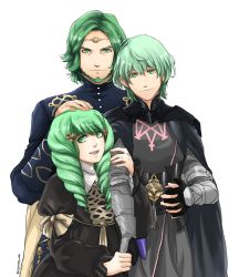 Rule 34 | 1girl, 2boys, bow, byleth (fire emblem), byleth (male) (fire emblem), drill hair, family, father and daughter, fire emblem, fire emblem: three houses, flayn (fire emblem), green eyes, green hair, hair ornament, highres, long hair, matching hair/eyes, multiple boys, nintendo, open mouth, pointy ears, seteth (fire emblem), sierra117renner, smile