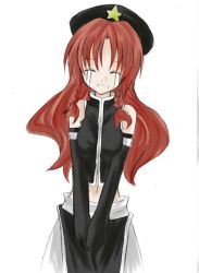 Rule 34 | 1girl, alternate color, alternate costume, beret, black hat, black skirt, black vest, braid, chinese clothes, crying, detached sleeves, facing viewer, female focus, gloves, hat, hong meiling, long hair, midriff, miwa maku, red hair, simple background, skirt, solo, star (symbol), tears, touhou, twin braids, upper body, v arms, vest