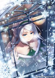 Rule 34 | 1girl, against glass, arrow (tamawo222), bare shoulders, blue eyes, braid, breasts, character request, collarbone, company name, dress, from above, green dress, green hairband, hairband, indoors, looking afar, official art, sidelocks, small breasts, snowflakes, through window, white hair, wild arms, window