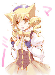 Rule 34 | 10s, 1girl, ?, animal ears, beret, blonde hair, cat ears, drill hair, face, fingerless gloves, gloves, hat, highres, kemonomimi mode, magical girl, mahou shoujo madoka magica, mahou shoujo madoka magica (anime), paw pose, puffy sleeves, shinolion, short hair, sketch, solo, takitsume shino, tomoe mami, twin drills, twintails, yellow eyes