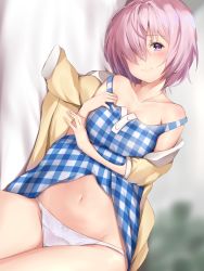 Rule 34 | 1girl, absurdres, bare shoulders, blush, dress, fate/grand order, fate (series), hair over one eye, highres, looking at viewer, maosame, mash kyrielight, mash kyrielight (senpai killer outfit), navel, off shoulder, official alternate costume, panties, pink hair, plaid, plaid dress, purple eyes, smile, solo, underwear, white panties