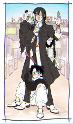 Rule 34 | 1girl, 2boys, :d, arm tattoo, black hair, blue eyes, carrying, carrying person, closed mouth, coat, commentary request, facial scar, fang, fate/apocrypha, fate/grand order, fate (series), frown, fujimaru ritsuka (male), full body, gedougawa, green eyes, green hair, grey coat, hair between eyes, jack the ripper (fate/apocrypha), long bangs, long hair, looking at viewer, mandarin collar, medium bangs, multiple boys, one eye closed, open mouth, pants, pink footwear, scar, scar on cheek, scar on face, shirt, short hair, sitting, skin fang, smile, standing, tattoo, very long hair, white hair, white pants, white shirt, yan qing (fate)