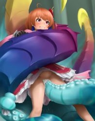 Rule 34 | 1girl, brown hair, character request, clenched teeth, cum, cum in pussy, dress, flower, ganima, hair flower, hair ornament, highres, monster, no panties, pussy, rape, red eyes, restrained, setsuna (shironeko project), shironeko project, short hair, teeth, tentacles, tentacle sex, tentacles, vaginal