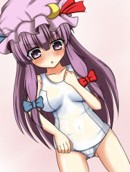 Rule 34 | 1girl, bad id, bad pixiv id, bow, breasts, crescent, female focus, hair bow, haniwagi (hal), highres, long hair, one-piece swimsuit, patchouli knowledge, purple eyes, purple hair, school swimsuit, solo, swimsuit, touhou, white school swimsuit, white one-piece swimsuit