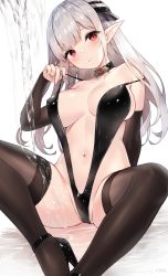 Rule 34 | 1girl, bare shoulders, black choker, black footwear, black one-piece swimsuit, black thighhighs, breasts, choker, elf, high heels, highres, large breasts, long hair, looking at viewer, navel, one-piece swimsuit, original, pointy ears, red eyes, sidelocks, silver hair, simple background, sitting, slingshot swimsuit, solo, sora 72-iro, spaghetti strap, stomach, strap pull, strap slip, swimsuit, thighhighs, water, white background