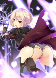 Rule 34 | &gt;:o, 1girl, :o, artoria pendragon (all), artoria pendragon (fate), ass, bent over, black gloves, black thighhighs, blonde hair, braid, brown eyes, electricity, fate/grand order, fate (series), feiren, from behind, gloves, grey panties, hair between eyes, hood, hoodie, looking at viewer, looking back, mysterious heroine x alter (fate), mysterious heroine x alter (third ascension) (fate), open mouth, panties, saber (fate), short hair, shoulder pads, solo, thighhighs, underwear, v-shaped eyebrows, wrist guards