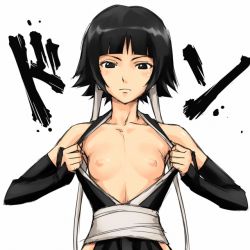 Rule 34 | 00s, 1girl, bare shoulders, black eyes, black hair, bleach, blunt bangs, blush, breasts, collarbone, detached sleeves, duplicate, expressionless, gloves, looking at viewer, mosha, nipples, no bra, open clothes, petite, puffy nipples, short hair, short hair with long locks, simple background, small breasts, solo, sui-feng, twintails, white background
