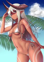 Rule 34 | 1girl, amano don, arm at side, arm tattoo, arm up, armpits, bad id, bad pixiv id, bikini, blue eyes, blue sky, breasts, cleavage, collarbone, copyright request, cowboy shot, dark-skinned female, dark skin, day, highres, horns, long hair, looking at viewer, medium breasts, navel, original, outdoors, palm leaf, pointy ears, ribbon, shaded face, shiny skin, side-tie bikini bottom, sidelocks, sky, solo, standing, stomach, summer, swimsuit, tattoo, underboob, very long hair, white bikini, white ribbon