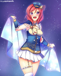 Rule 34 | 10s, 1girl, :d, aries (constellation), blush, brooch, cape, cowboy shot, female focus, hat, highres, holding, holding cape, holding clothes, jewelry, looking at viewer, love live!, love live! school idol festival, love live! school idol project, night, night sky, nishikino maki, open mouth, pleated skirt, purple eyes, red hair, shirt, short hair, skirt, sky, smile, solo, star (sky), star (symbol), star print, starry sky print, striped clothes, striped shirt, sun symbol, thigh strap, vertical-striped clothes, vertical-striped shirt, yu-ta