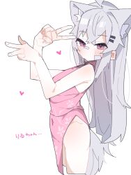Rule 34 | animal ears, arms up, bandaid, bandaid on cheek, bandaid on face, bandaid on nose, blush, borrowed character, china dress, chinese clothes, commentary, cropped legs, crossed bangs, double v, dress, extra ears, from side, grey hair, hair ornament, hairclip, heart, highres, koyansuee, leaning back, long hair, no panties, original, pink dress, pink eyes, rir-chan, simple background, symbol-only commentary, tail, translated, v, white background, wolf ears, wolf girl, wolf tail