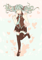 Rule 34 | 1girl, absurdres, boots, elizabeth (tomas21), closed eyes, green hair, hatsune miku, headphones, heart, highres, necktie, open mouth, skirt, solo, standing, standing on one leg, thigh boots, thighhighs, twintails, vocaloid