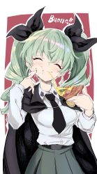 Rule 34 | 1girl, :t, anchovy (girls und panzer), anzio school uniform, belt, black belt, black cape, black ribbon, cape, closed eyes, closed mouth, commentary, dress shirt, drill hair, eating, facing viewer, finger to cheek, food, girls und panzer, green hair, grey skirt, hair ribbon, highres, holding, holding food, italian text, light blush, long hair, long sleeves, miniskirt, motion lines, necktie, outline, pizza, pizza slice, pleated skirt, red background, ribbon, school uniform, shirt, skirt, smile, solo, standing, sutora binsuke, twin drills, twintails, white outline, white shirt, wing collar