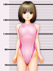 Rule 34 | 1girl, arena (company), brown eyes, brown hair, cameltoe, competition swimsuit, covered erect nipples, flat chest, height chart, highleg, highleg swimsuit, highres, lipstick, looking at viewer, makeup, nipples, one-piece swimsuit, original, pink one-piece swimsuit, samejima makoto, samejima minoru, see-through, short hair, skin tight, smile, solo, standing, swimsuit