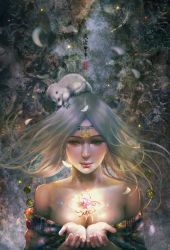 Rule 34 | 1girl, absurdres, animal, animal on head, bare shoulders, breasts, chinese text, cleavage, closed mouth, flower, freckles, glowing, glowing flower, green eyes, grey hair, highres, jewelry, large breasts, lips, long hair, looking at viewer, on head, original, parted bangs, petals, realistic, solo, straight hair, upper body, wei chang