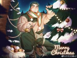 Rule 34 | 1boy, absurdres, bara, brown sweater, bulge, christmas, decorating, facial hair, goatee, green hair, green overalls, highres, huge eyebrows, male focus, mature male, merry christmas, midriff peek, muscular, muscular male, navel hair, oc (kn), original, overalls pull, scarf, short hair, smile, solo, squatting, sweater, wutang