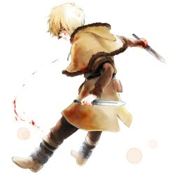 Rule 34 | 1boy, blonde hair, blood, blood on face, blood on hands, bloody weapon, dagger, frown, full body, knife, layered sleeves, long sleeves, male focus, natsuo (hatohaco), reverse grip, shaded face, short hair, short over long sleeves, short sleeves, solo, thorfinn, tunic, vinland saga, weapon, white background