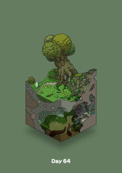 Rule 34 | absurdres, bubble, column, commentary request, diorama, fish, gozz, green background, highres, isometric, lily pad, original, pillar, plank, pond, ruins, stairs, tentacles, tree