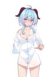 Rule 34 | 1girl, absurdres, ahoge, blue hair, blush, breasts, cleavage, cowboy shot, ganyu (genshin impact), genshin impact, goat horns, hair between eyes, highres, horns, ironmarch, long hair, long sleeves, looking at viewer, medium breasts, off shoulder, red eyes, see-through, see-through shirt, shirt, simple background, solo, white background, white shirt