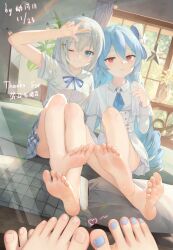 Rule 34 | 2girls, absurdres, bare arms, bare legs, barefoot, blue eyes, blue hair, copyright request, crossed legs, feet, hair ornament, hairclip, highres, long hair, long sleeves, looking at viewer, multiple girls, nail polish, necktie, one eye closed, red eyes, shirt, skirt, soles, toenail polish, toenails, toes, white hair, white shirt, white skirt, window, youyueyue, youyueyuee