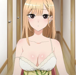 Rule 34 | 1girl, absurdres, blonde hair, breasts, brown eyes, cleavage, collarbone, covered erect nipples, ear piercing, earrings, highres, jewelry, kitagawa marin, large breasts, long hair, looking at viewer, nightgown, no bra, off shoulder, piercing, screencap, sleepwear, sono bisque doll wa koi wo suru, stitched, third-party edit, yellow nightgown