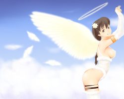 Rule 34 | 1girl, angel, angel wings, ass, bad id, bad pixiv id, bent over, bottomless, breasts, brown eyes, brown hair, elbow gloves, feathers, flower, gloves, halo, large breasts, long hair, nanahime, original, sideboob, smile, solo, thighhighs, wings