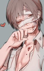Rule 34 | 1boy, bandages, blood, brown hair, heart, injury, isaaki, looking at viewer, male focus, one eye closed, sew, short hair, simple background, solo, wink