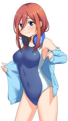 Rule 34 | 1girl, alternate costume, blue cardigan, blue eyes, blue one-piece swimsuit, blue sweater, blush, breasts, brown hair, cardigan, commentary, competition swimsuit, covered navel, cowboy shot, go-toubun no hanayome, hair between eyes, headphones, headphones around neck, highleg, highres, long hair, long sleeves, looking at viewer, medium breasts, nakano miku, one-piece swimsuit, simple background, smile, solo, sweater, swimsuit, swimsuit under clothes, two-tone swimsuit, wagemappa, white background
