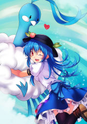 Rule 34 | 00s, 1girl, ;), ;d, absurdres, altaria, ankle boots, beak, black hat, black thighhighs, blue bow, blue hair, blue skirt, boots, bow, bowl, bowl hat, brown footwear, creatures (company), eyebrows, food, frilled skirt, frills, from behind, fruit, game freak, gen 3 pokemon, glint, hat, heart, highres, hinanawi tenshi, hug, koissa, leaf, long hair, looking back, nintendo, one eye closed, open mouth, peach, pokemon, pokemon (creature), pokemon rse, puffy short sleeves, puffy sleeves, red eyes, round teeth, shirt, shoe soles, short sleeves, skirt, smile, teeth, thighhighs, touhou, white shirt, zettai ryouiki