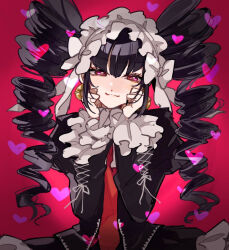 Rule 34 | 1girl, black hair, black nails, bonnet, celestia ludenberg, closed mouth, danganronpa: trigger happy havoc, danganronpa (series), drill hair, earrings, frills, gothic lolita, hands up, heart, jacket, jewelry, lolita fashion, long hair, long sleeves, looking at viewer, nail polish, necktie, open clothes, open jacket, red eyes, red necktie, smile, solo, twin drills, twintails, upper body, yuma (yumachansan)