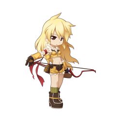 Rule 34 | 1girl, ahoge, armband, arrow (projectile), blonde hair, boots, bow (weapon), breasts, brown eyes, brown footwear, brown gloves, brown shirt, brown shorts, chibi, crop top, expressionless, fingerless gloves, full body, fur-trimmed gloves, fur-trimmed shirt, fur-trimmed shorts, fur trim, gloves, high heel boots, high heels, holding, holding arrow, holding bow (weapon), holding weapon, long hair, looking at viewer, medium bangs, midriff, navel, official art, open mouth, quiver, ragnarok online, shirt, short shorts, shorts, simple background, sleeveless, sleeveless shirt, small breasts, sniper (ragnarok online), solo, standing, tachi-e, transparent background, two-tone gloves, two-tone shirt, two-tone shorts, very long hair, weapon, yellow gloves, yellow shirt, yellow shorts, yuichirou