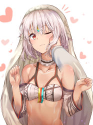 Rule 34 | 10s, 1girl, altera (fate), blush, bustier, closed mouth, collar, collarbone, dark-skinned female, dark skin, detached sleeves, disembodied hand, fate/extra, fate/grand order, fate (series), forehead jewel, full-body tattoo, hand on another&#039;s cheek, hand on another&#039;s face, heart, highres, looking at viewer, one eye closed, red eyes, short hair, solo focus, sunhyun, tattoo, veil, white hair