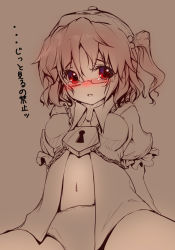 Rule 34 | 1girl, :o, blush, breasts, chain, dot r, glasses, hair bobbles, hair ornament, kawashiro mitori, keyhole, looking at viewer, monochrome, navel, open clothes, open shirt, original, panties, red eyes, shirt, short hair, solo, spot color, tears, touhou, translation request, twintails, underwear