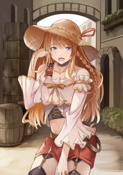 Rule 34 | 1girl, :d, barrel, black thighhighs, blonde hair, blue eyes, blush, braid, bush, choker, collarbone, cosmic break, crop top, cross-laced clothes, crossover, garter straps, granblue fantasy, hair between eyes, hat, highres, lecia (granblue fantasy), long hair, long sleeves, looking at viewer, navel, open mouth, outdoors, red shorts, resha (cosmic break), ribbon trim, shorts, smile, solo, sun hat, thighhighs, tranquility of nature, window